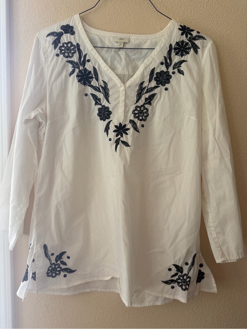J. Jill White V-Neck Tunic with Black Floral Embroidery